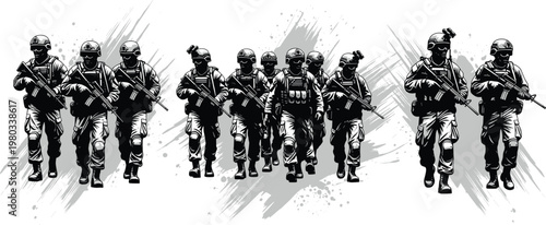Black and white vector illustration of ten soldiers in tactical gear walking forward formation with rifles, helmets, goggles, military art