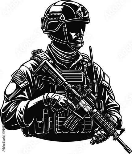 Detailed black and white tactical soldier illustration with rifle, helmet, goggles, vest, gloves, military gear, professional vector art