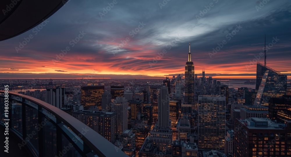 Obraz premium Evening city skyline with dramatic sunset from a high balcony perfect for real estate ads