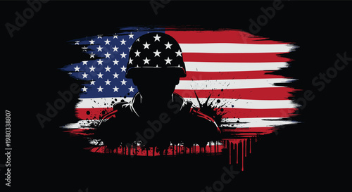 Patriotic soldier silhouette with American flag brushstroke background, helmet stars design, gritty splatter effects, symbolizing military service sacrifice