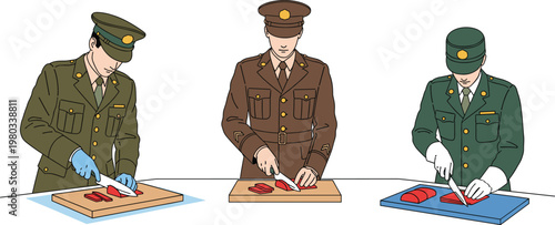 Three military uniformed individuals slicing red food items on cutting boards with knives, disciplined culinary preparation, detailed vector illustration art
