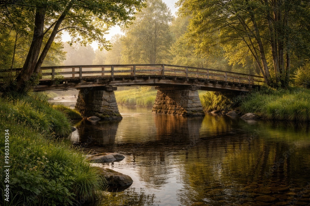 Obraz premium Old wooden bridge crossing calm river in rural natural setting