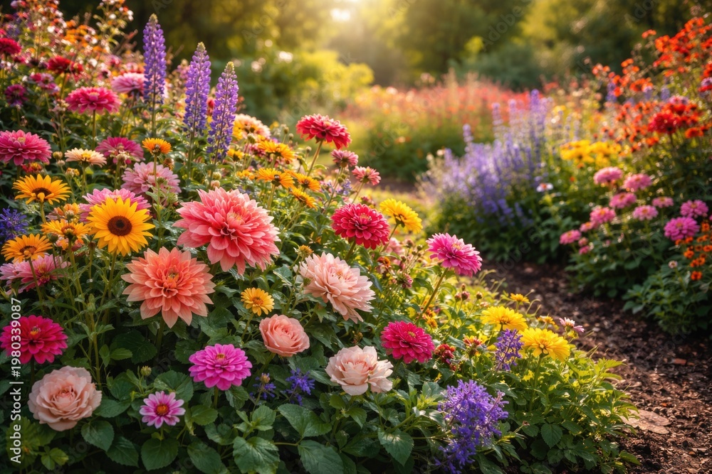 Fototapeta premium Vibrant flowers blooming in a lush garden bed