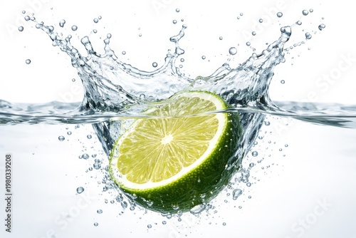 A fresh lime splashing into clear water with sharp capture on a white background
