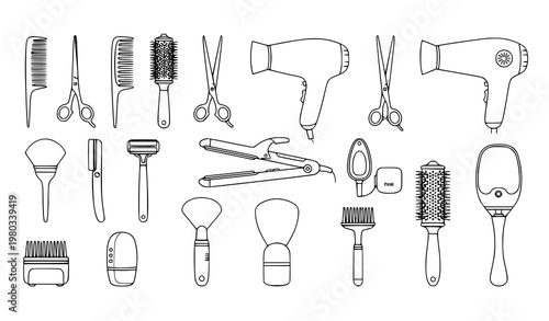 Hairdressing tools set – scissors, comb, hairdryer and styling equipment vector