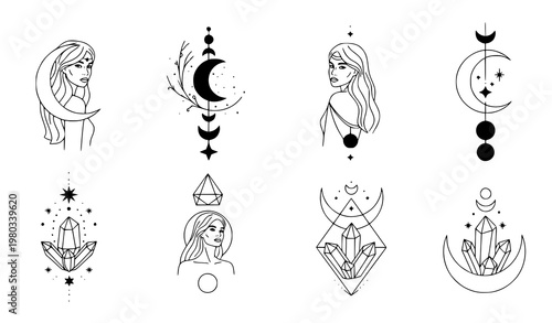 Mystical line art collection – woman, moon and crystal vector set