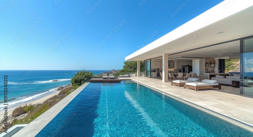 Fototapeta premium Modern luxury beach house equipped with an elegant pool and extensive terrace alongside a spacious living room and captivating ocean perspective