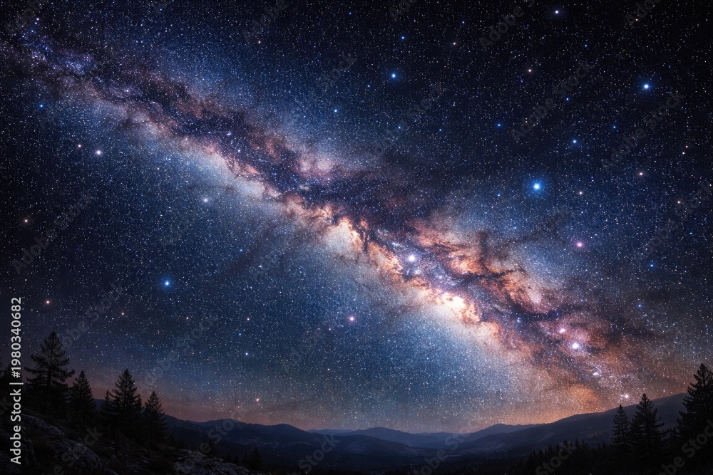 Fototapeta premium Galactic Sky with Milky Way Band Over Mountain Landscape at Night