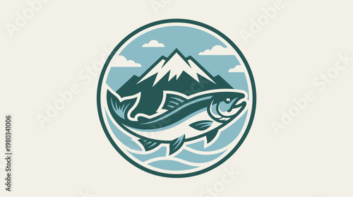 Salmon Fish and Mountain Landscape Logo Design