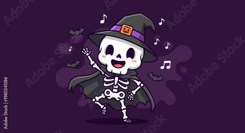 Cartoon skeleton wearing witch hat dancing.
