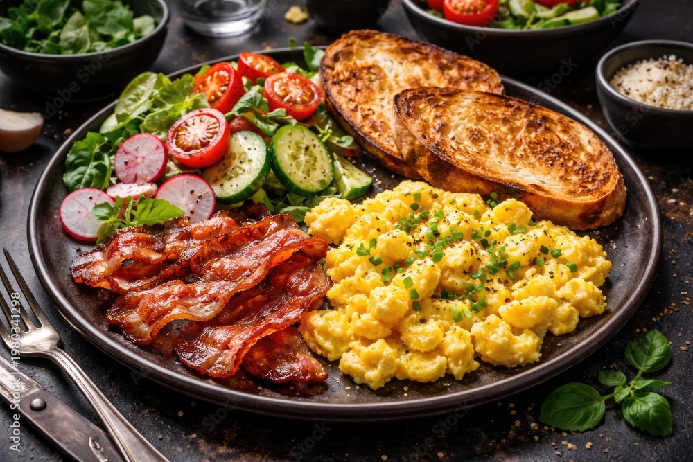 Fototapeta premium Fluffy Scrambled Eggs with Crispy Bacon and Toasted Bread on Dark Background