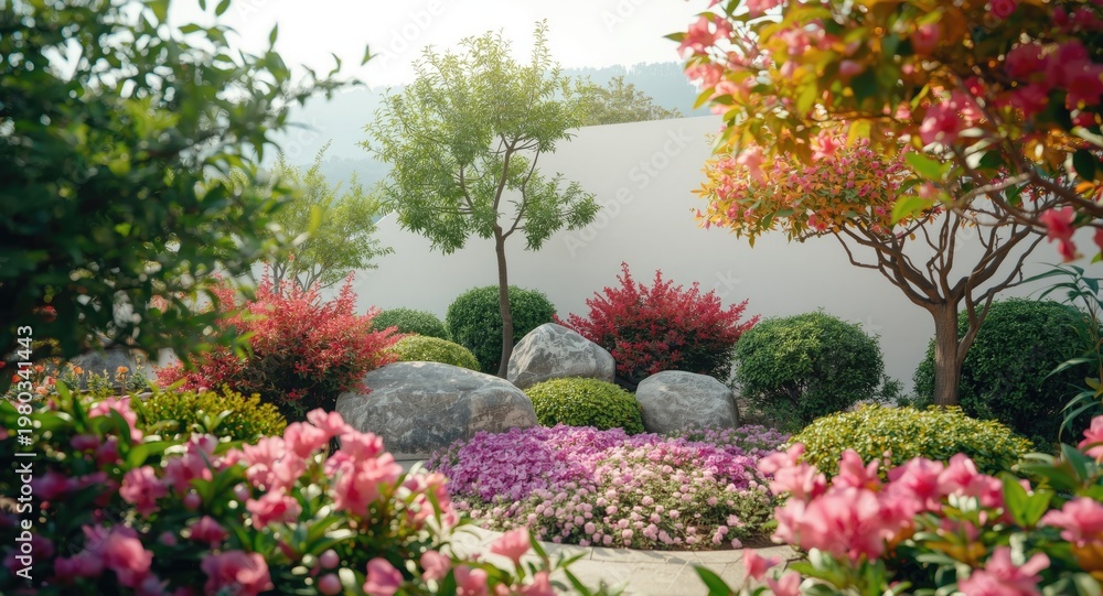 Fototapeta premium Rock garden design with flowering shrubs and trees on white background for professional landscaping