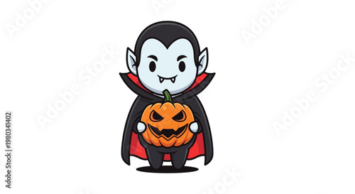 Cartoon vampire holding jack o lantern.