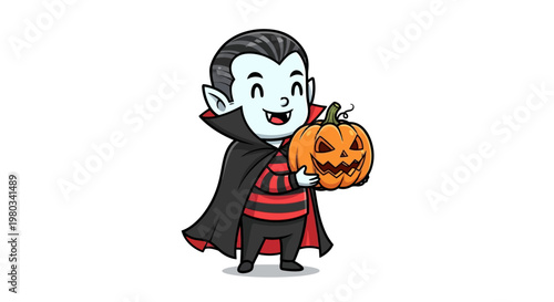 Cartoon vampire holding jack o lantern.