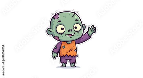 Cartoon zombie character waving hand.