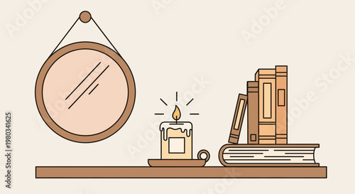 Cozy Shelf Decor: Lit Candle, Stacked Books, and Round Mirror on Beige Background