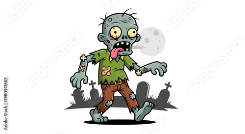 Cartoon zombie character walking alone.