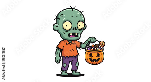 Cartoon zombie holding candy bucket.