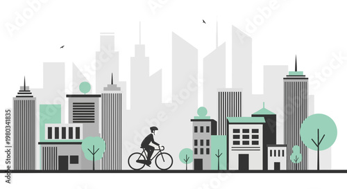 Eco-friendly city life: cyclist rides past modern buildings with trees and green accents