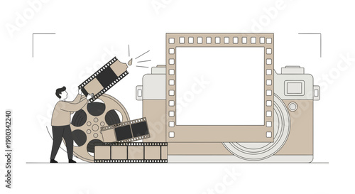 Filmmaker Creating Movie With Film Reel, Camera, And Strips