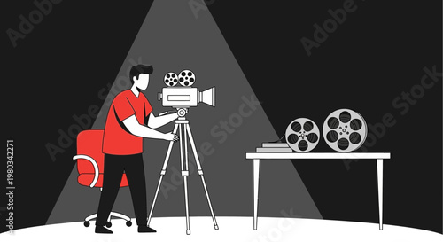 Filmmaker with Vintage Camera and Film Reels, Spotlight on Creative Production