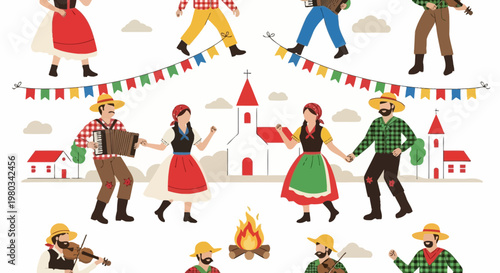 Folk Festival Celebration: People Dancing, Playing Music, and Enjoying a Bonfire