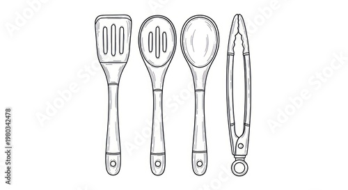 Kitchen Utensils Line Drawing Illustration Set.