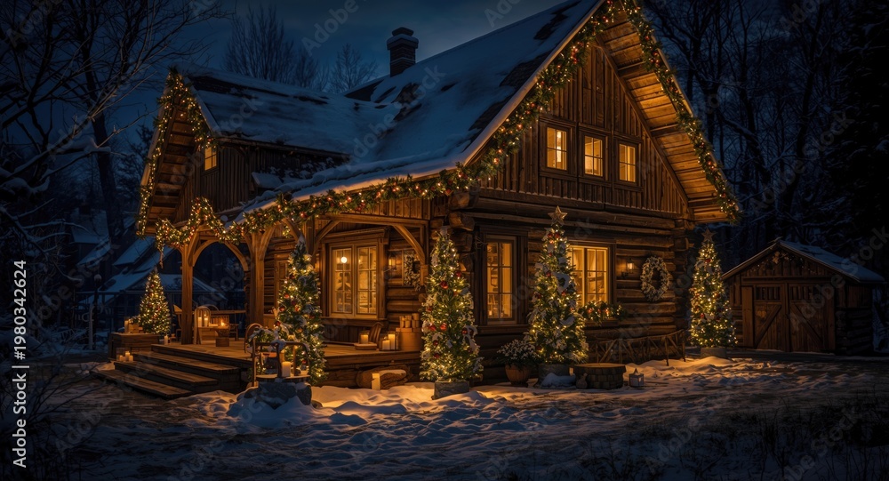 Fototapeta premium Rustic winter cottage fully adorned with Christmas decorations indoors and outside festive nighttime