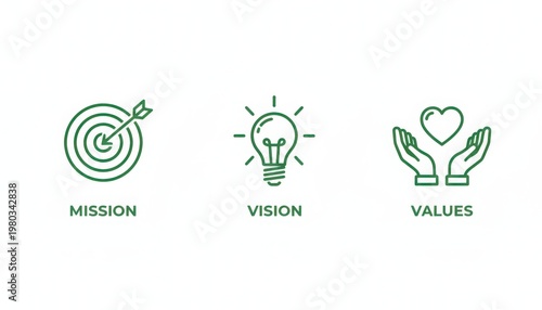 Icons representing mission vision and values for business strategy
