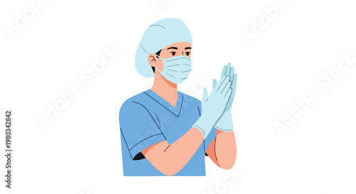 A medical professional dressed in blue scrubs, a mask, and a surgical cap is shown putting on gloves or clapping their hands together.