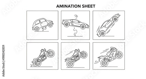 Animation Sheet: Car and Motorcycle Stunts, Action Sequence Sketches