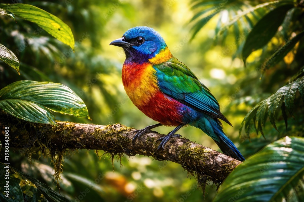 Obraz premium A colorful bird resting on a branch amid dense tropical foliage