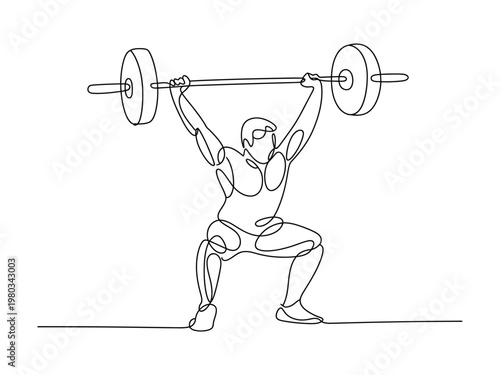 Athletic man performing a single line drawing of a weightlifting overhead squat exercise with a barbell