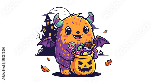 Cute orange monster with candy bucket.