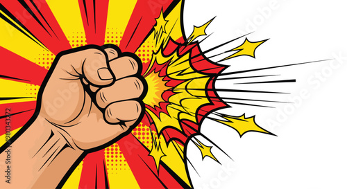 Fist punching through comic book explosion with vibrant colors