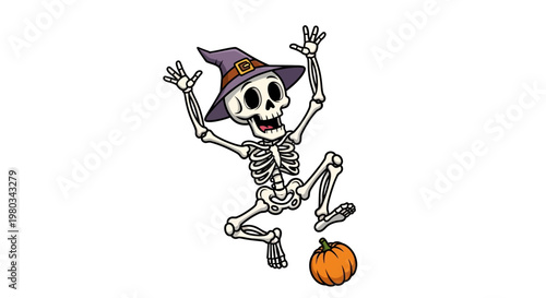 Dancing skeleton in witch hat.