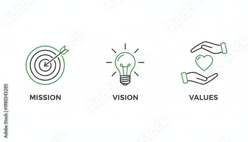 Icons representing mission vision and values for business strategy