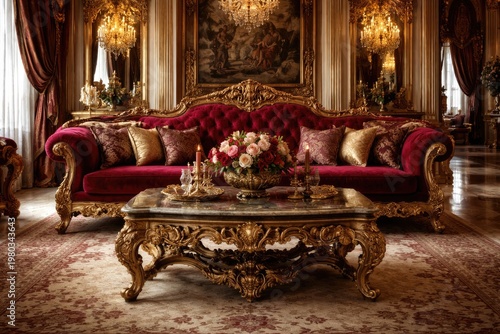 luxurious baroque interior featuring a red velvet sofa and ornate central table