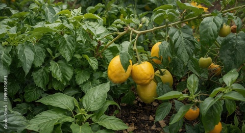 Summer garden scene featuring fresh green plants and a variety of ripe fruits