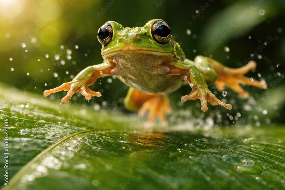 Obraz premium adorable green frog with big eyes leaping on a wet leaf