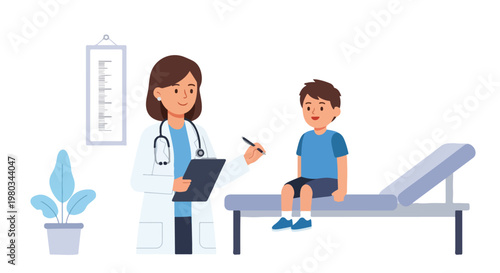 A female doctor wearing a white coat and stethoscope examines a young boy sitting on a medical bed in a clinic or hospital setting.