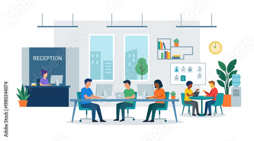 Flat Vector Illustration of a Modern Open Plan Office Workspace with Diverse Employees Working, Collaborating, and a Reception Desk Area