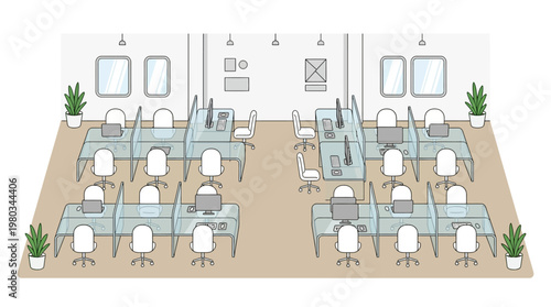 Modern Open Plan Office Interior Illustration with Workstations, Computers, and Glass Partitions