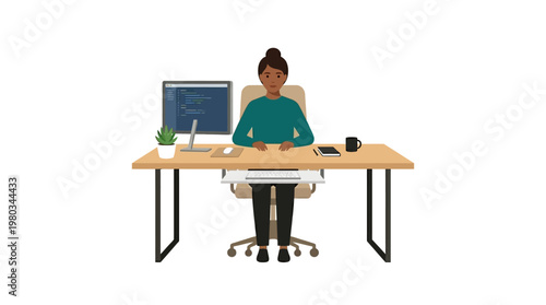 Black Female Software Developer Coding at Desk Flat Vector Illustration. Professional Woman Programmer Working in Home Office with Computer and Code on Screen.