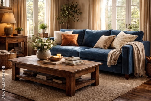 inviting living room featuring a plush blue sofa and rustic wooden coffee table
