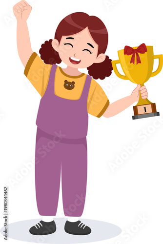 Happy Girl Holding Trophy, Winner Kid Celebration