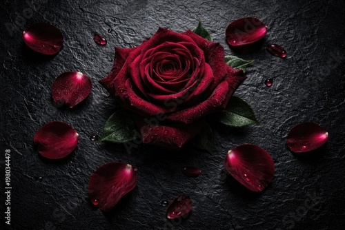 Elegant burgundy rose with scattered petals on textured black stone background for floral greeting cards