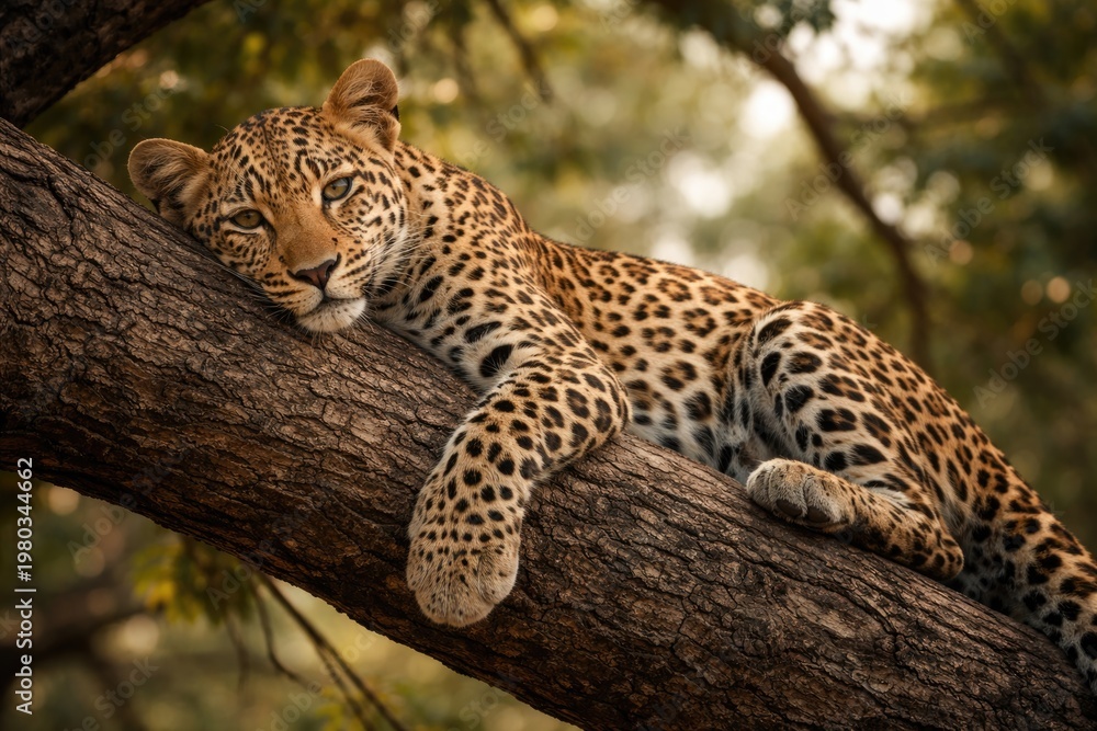 Fototapeta premium Graceful young leopard resting peacefully on a sturdy tree branch