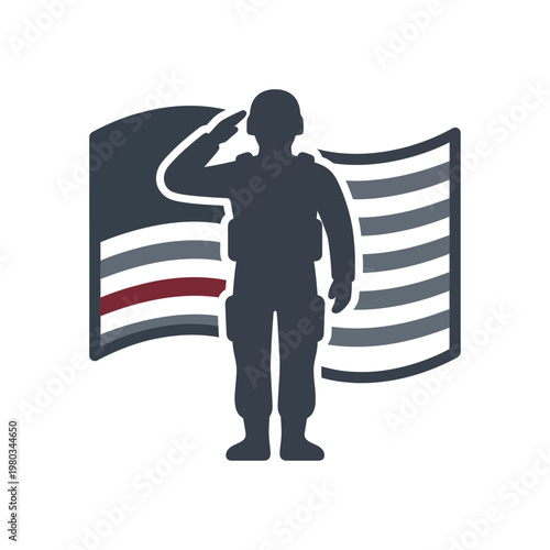 A soldier silhouette salutes in front of a waving American flag silhouette, conveying patriotism and national pride with a bold graphic design on a white background.