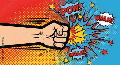 Comic Style Fist Punching with Sound Effect Words Pow Wham Explosion